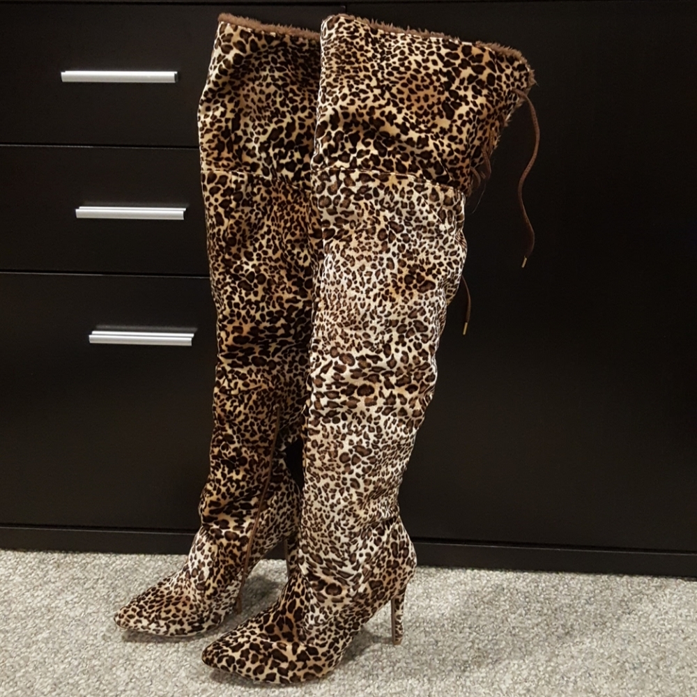 Thigh high leopard print boots